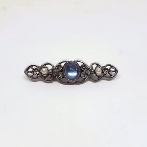 Vintage Brooch Blue Glass Cabochon Faux Pearl Costume Jewelry Silver Tone Pin 2"